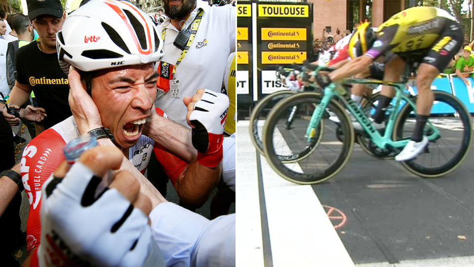 Caleb Ewan won stage 11 of the Tour de France by the narrowest of margins. Image: Getty/Tour de France