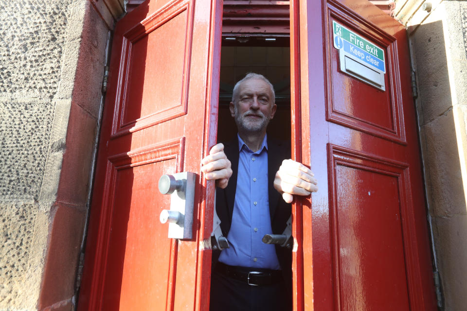 Labour leader Jeremy Corbyn leaves after speaking at an activists training event at the GLO Centre in Motherwell, Scotland. PA Photo. Picture date: Saturday October 26, 2019. See PA story POLITICS Brexit. Photo credit should read: Andrew Milligan/PA Wire