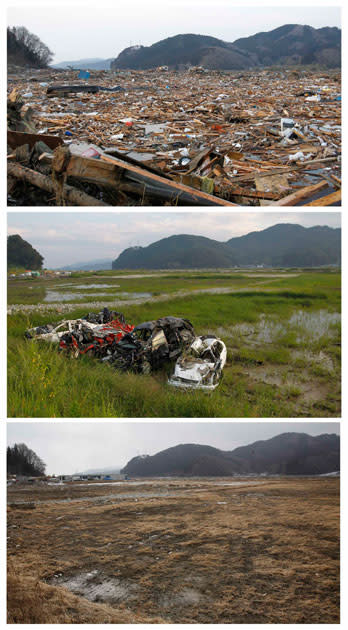 A combination photograph shows the same location in Rikuzentakata, northern Japan on three different dates, March 13, 2011 (top), September 9, 2011 (centre) and February 19, 2012 (bottom). The top photograph shows the devastation as rescue workers search for victims in the rubble after the magnitude 9.0 earthquake and tsunami, the centre photograph shows damaged cars, and the bottom photograph show the same location almost a year later. REUTERS/Toru Hanai