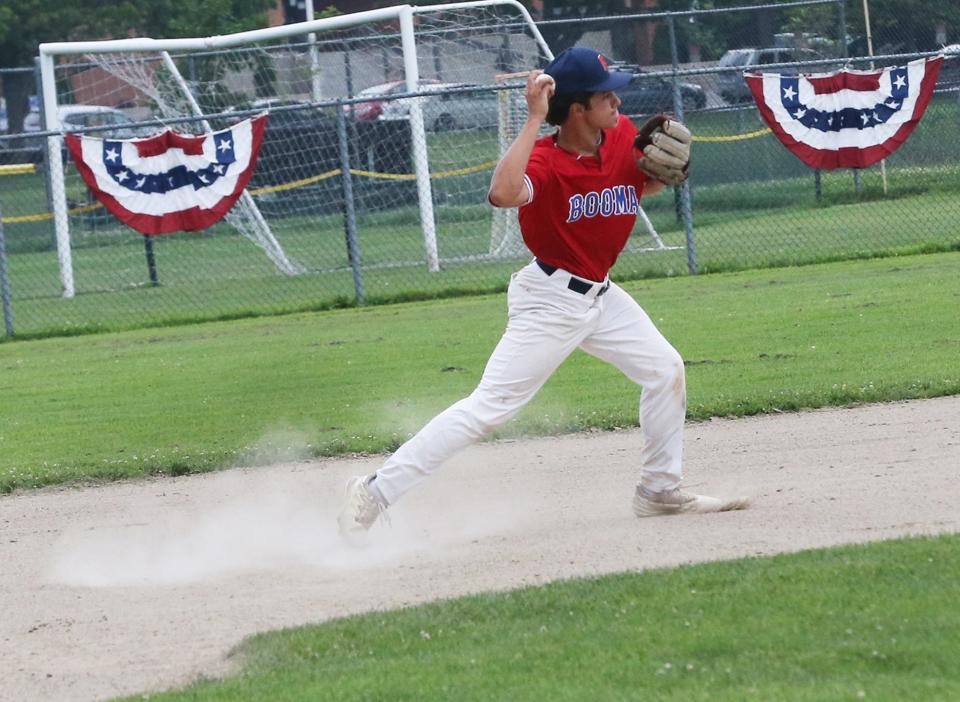Booma third baseman Colin Marshall fires a throw to second for the force during Wednesday's Senior Legion baseball game against Nashua at Leary Field in Portsmouth.