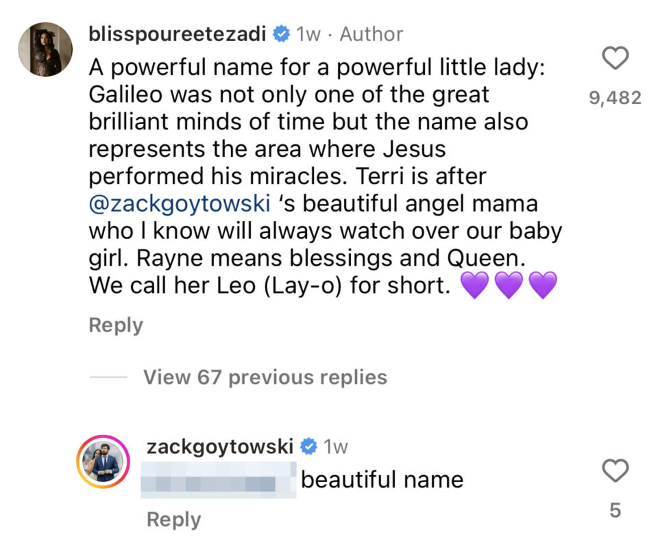 A user named blisspoureetzadi comments, "A powerful name for a powerful little lady..." about Galileo and mentions @zackgoytowski. Another user (@zackgoytowski) responds, "beautiful name."