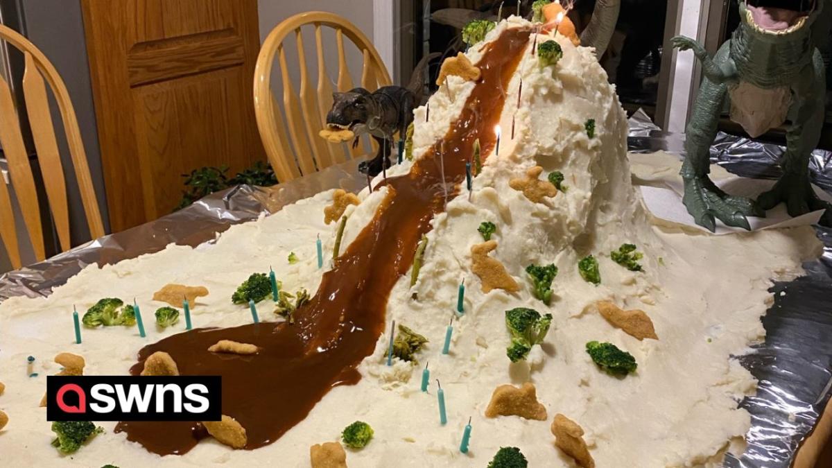 Mum creates Jurassic Park-themed mashed potato mountain with dinosaur ...