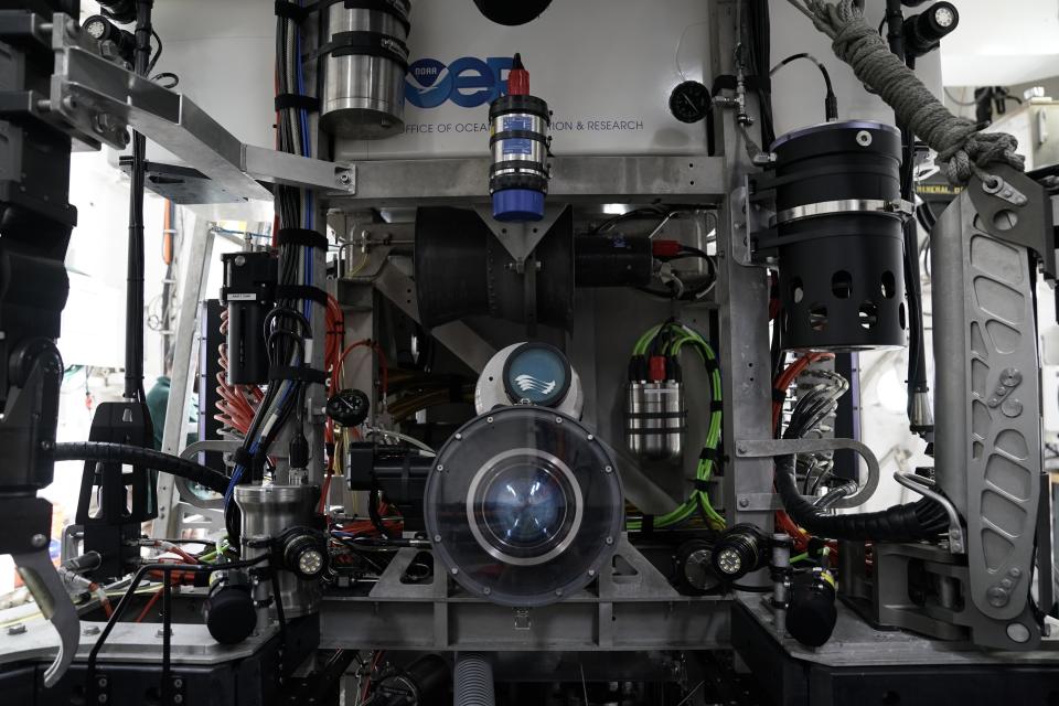 The main camera of the remote operated dive vehicle Deep Discoverer is visible aboard the NOAA Okeanos Explorer, Friday, June 23, 2023, in Kodiak, Alaska. The vehicle, which is designed to explore the deep sea and sea floor, can reach depths depths of up to 6,000 meters (19,685 feet). (AP Photo/Joshua A. Bickel)