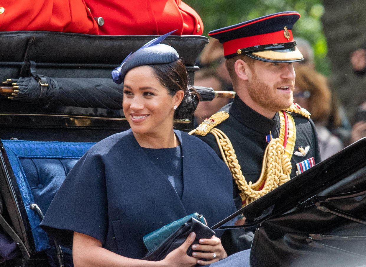 Meghan, Duchess of Sussex rides in an open carriage with Prince Harry, Duke of Sussex during Trooping the Colour in London on June 08, 2019.  This was her first public engagement since the birth of her son Archie.