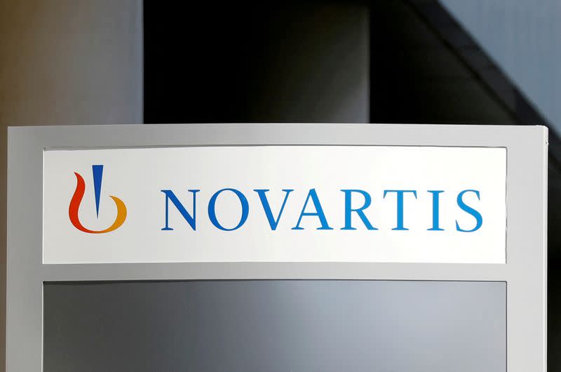 FILE PHOTO: The logo of Swiss drugmaker Novartis is pictured at the French company's headquarters in Rueil-Malmaison