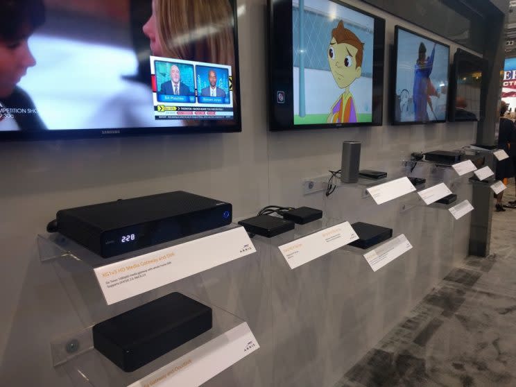 Cable boxes in a store.