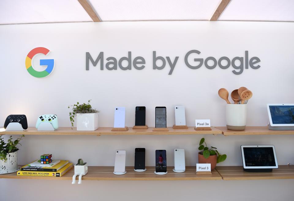 Google products, including the new Pixel 3A phone, are shown during the Google I/O conference at the Shoreline Amphitheater in Mountain View, California on May 7, 2019. (Photo by Josh Edelson / AFP) (Photo credit should refer read JOSH EDELSON/AFP/Getty Images)