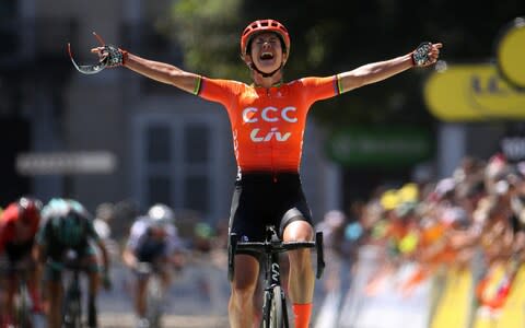 Marianne Vos of The Netherlands and Team CCC-Liv / Celebration / Leah Kirchmann of Canada and Team Sunweb Women / Cecilie Uttrup Ludwig of Denmark and Bigla Pro Cycling Team / during the 6th La Course 2019, by Le Tour de France a 121km stage from Pau to Pau / TDF - Credit: Getty Images