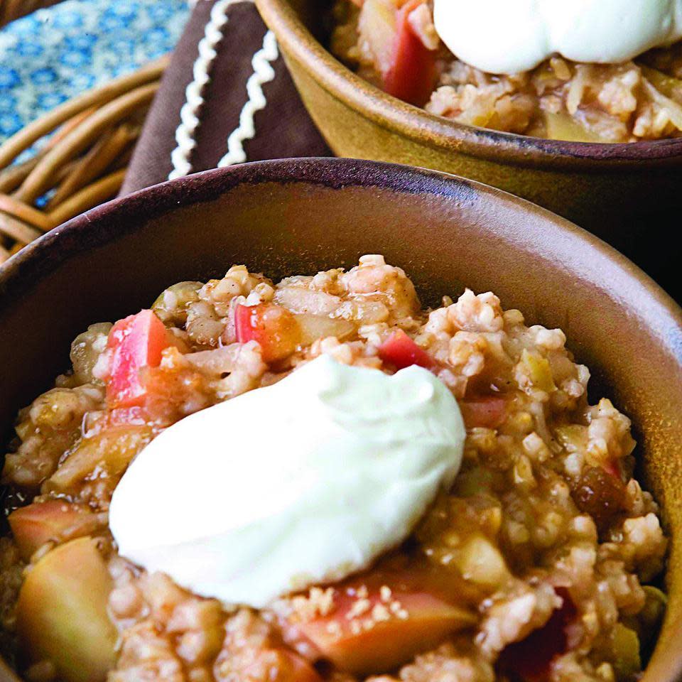 <p>In this apple-cinnamon oatmeal recipe, we use the fruit in two forms, shredded and chopped, to maximize flavor and texture. Enjoy a bowl of this oatmeal and you'll start your day right with whole grains and a serving of fruit. <a href="https://www.eatingwell.com/recipe/252163/apple-oatmeal/" rel="nofollow noopener" target="_blank" data-ylk="slk:View Recipe" class="link ">View Recipe</a></p>