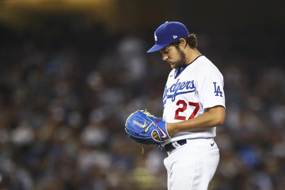 LOS ANGELES, CALIFORNIA - JUNE 28: Trevor Bauer #27 of the Los Angeles Dodgers pitches in the sixth inning against the San Francisco Giants at Dodger Stadium on June 28, 2021 in Los Angeles, California. (Photo by Meg Oliphant/Getty Images)