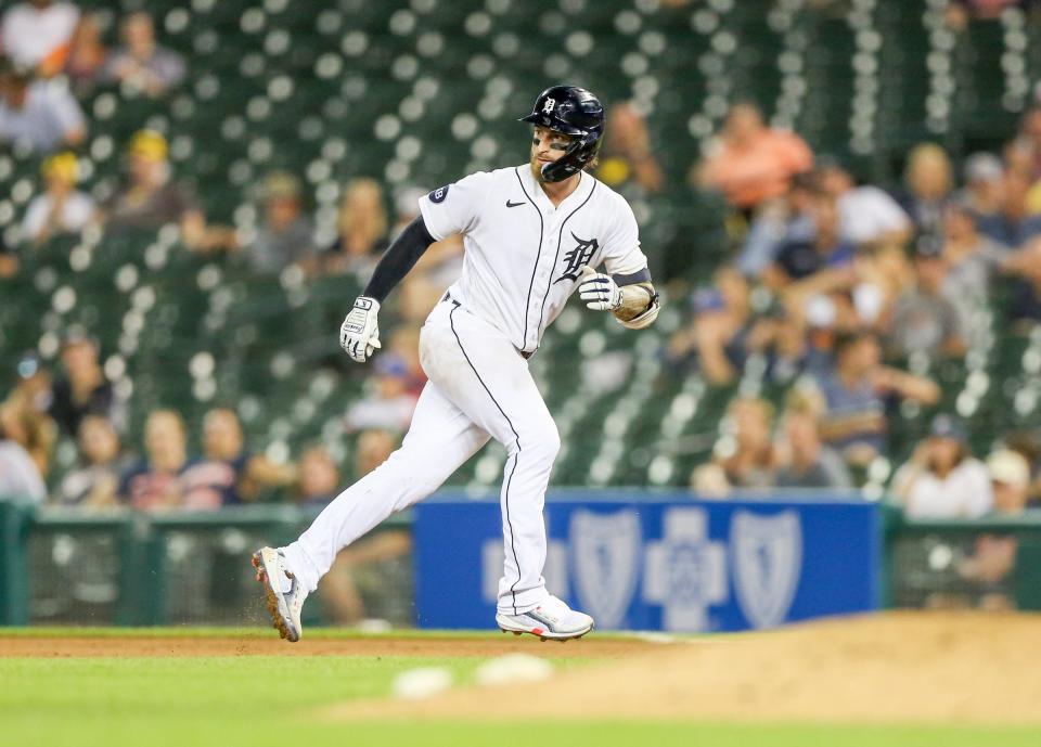 Eric Haase runs as the Detroit Tigers play against the Tampa Bay Rays at Comerica Park in Detroit, on Thursday, Aug. 4, 2022.