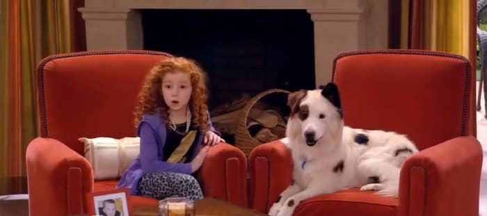 A young girl with curly red hair sits on a red chair next to a white and black dog in another red chair. Text reads, "Disney Channel, Disneyshows xd". There is a photo frame on the table