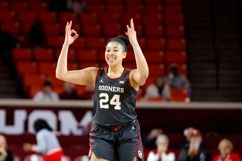 Oklahoma Sooners forward Skylar Vann (24) celebrates after making a 3-pointer during a women's college basketball game between the University of Oklahoma Sooners (OU) and the Texas Tech Lady Raiders at Lloyd Noble Center in Norman, Okla., Saturday, Jan. 13, 2024.
