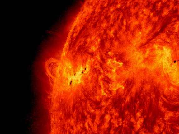 NASA's Solar Dynamics Observatory captured this image of the X1.2 class solar flare on May 14, 2013. The image shows light with a wavelength of 304 angstroms.