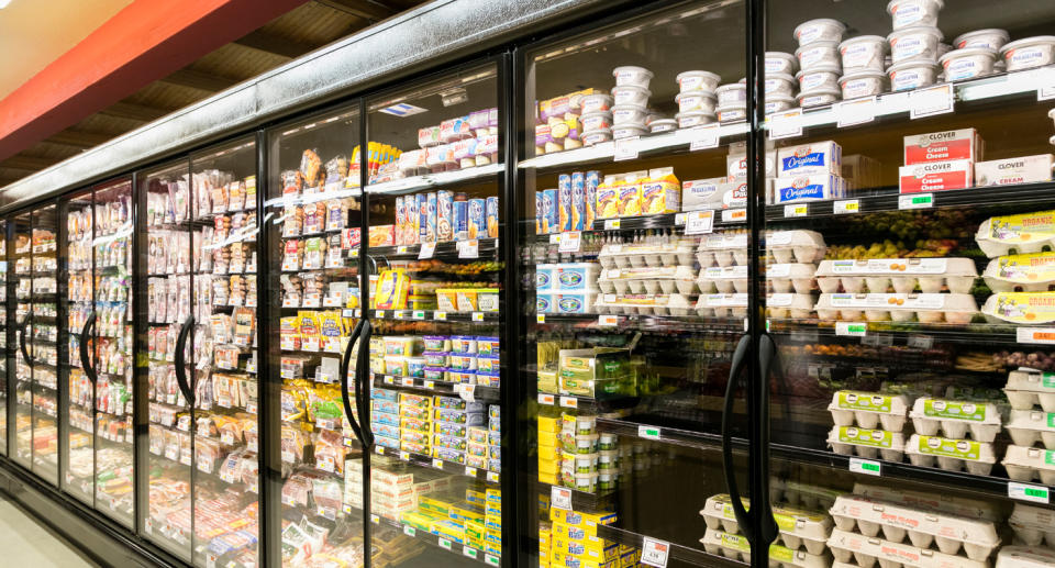 Supermarket shelves with dairy goods and eggs. Source: Getty Images