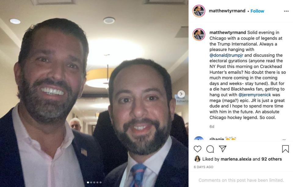 Donald Trump Jr. and Tyrmand take a picture together in Chicago on Oct. 14, 2020, the day Morris' first Biden story was published. (Photo: Matthew Tyrmand/Instagram)