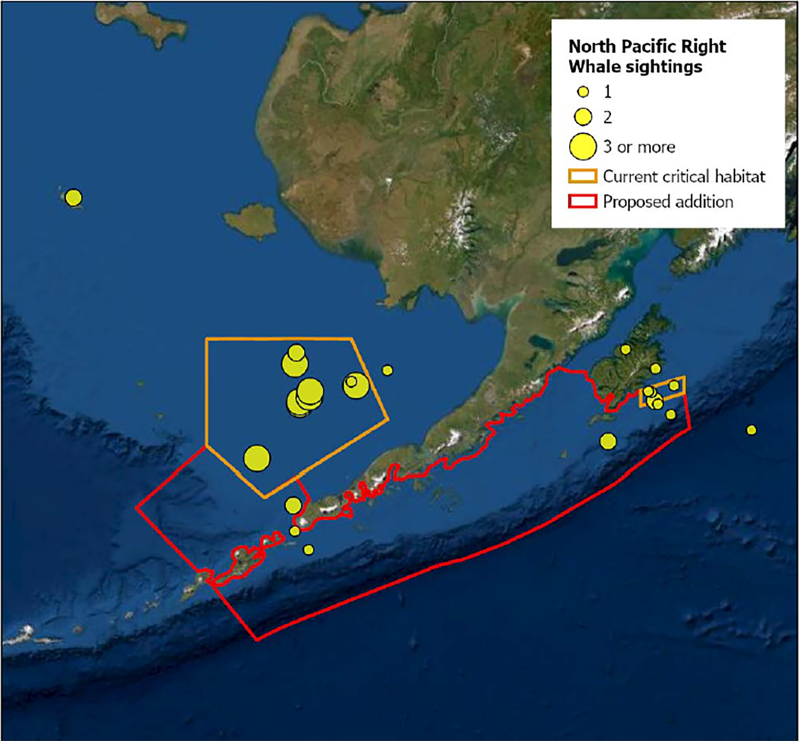 A map shows existing critical habitat for North Pacific right whales in Alaska waters and an expansion proposed by environmental groups in a petition submitted in 2022 to the National Oceanic and Atmospheric Administration's Fisheries service. The map also shows many of the locations where the rare whales were spotted in recent years, not including the 2023 sightings. (Map provided by NOAA Fisheries)