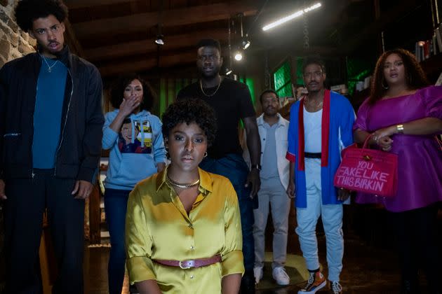 Melvin Gregg as King, Grace Byers as Allison, Antoinette Robertson as Lisa, Sinqua Walls as Nnamdi, Jermaine Fowler as Clifton, Dewayne Perkins as Dewayne, and Xochitl Mayo as Shanika in 