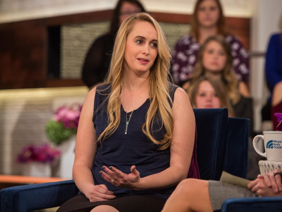 Rachel Jeffs Blackmore in a navy blouse and black skirt during an interview with Megyn Kelly in 2017.