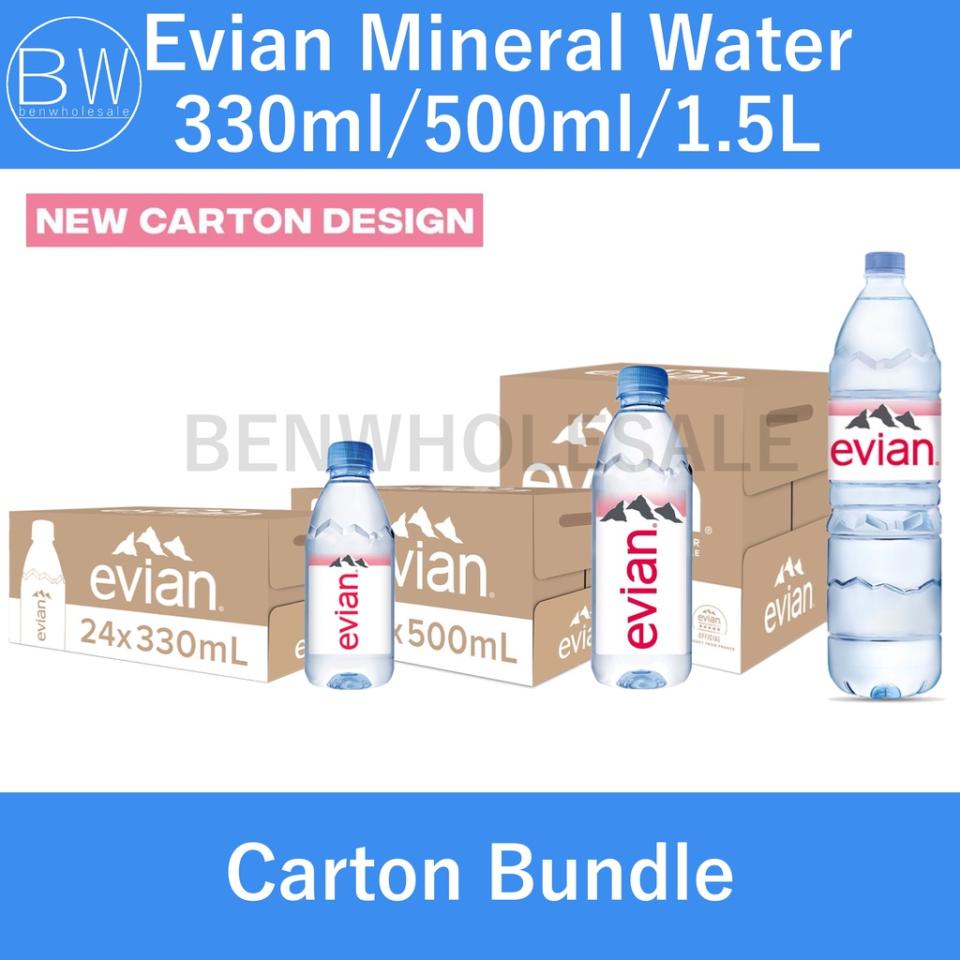Evian Mineral Water 24 x 330ml / 24 x 500ml / 12 x 1.5L Carton Bundle. (Photo: Shopee SG)