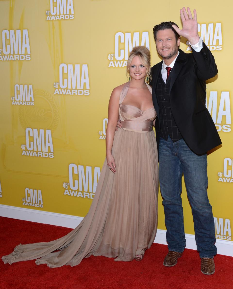 NASHVILLE, TN - NOVEMBER 01: (L-R) Miranda Lambert and Blake Shelton attend the 46th annual CMA Awards at the Bridgestone Arena on November 1, 2012 in Nashville, Tennessee. (Photo by Jason Kempin/Getty Images)