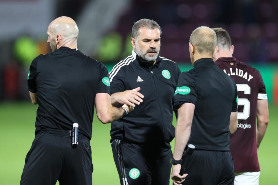Ange Postecoglou shakes hands with officials after Celtic’s defeat at Tynecastle.