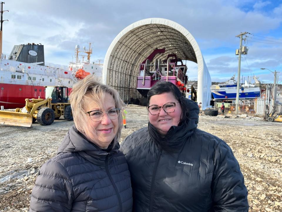 It's been a bittersweet time for the Petten family of Port de Grave. Their new fishing vessel, the Petten's Legacy, was launched early Monday morning in Harbour Grace, but the man behind it all, Dwight Petten, died a year ago while construction was ongoing. Pictured here are Dwight's wife, Cynthia, and Melissa Norris, their daughter.