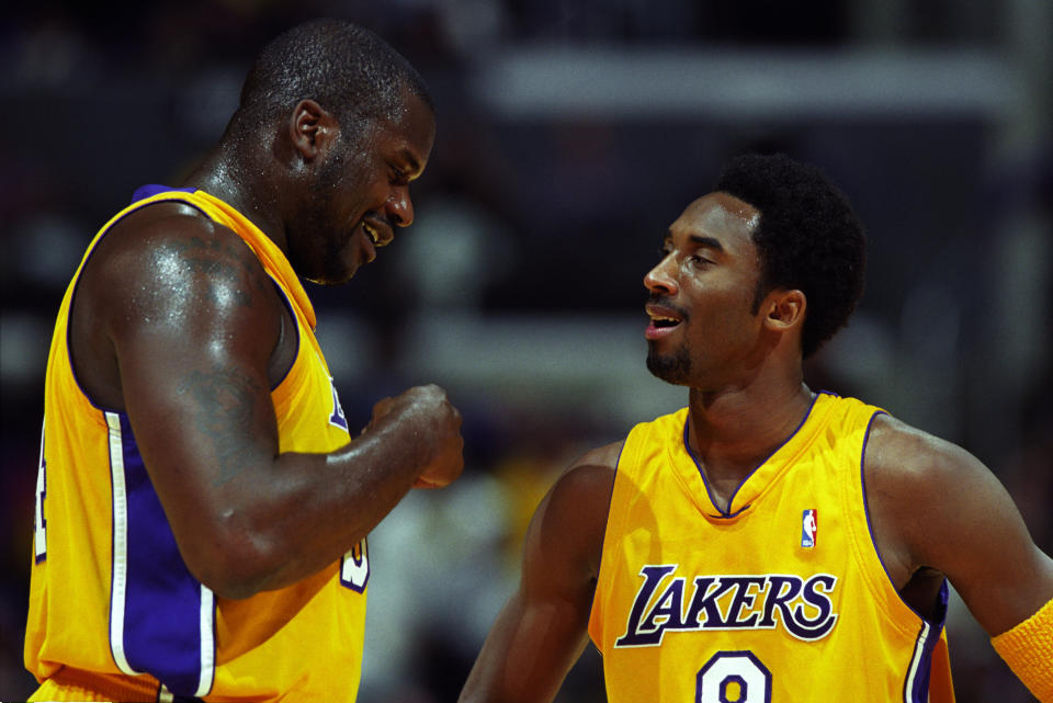 Shaquille O'Neal and Kobe Bryant of the Los Angeles Lakers speak to each other during a game against the Chicago Bulls at the Great Western Forum in Los Angeles in this undated file photo. (Photo: Matt A. Brown/Icon Sportswire via Getty Images)