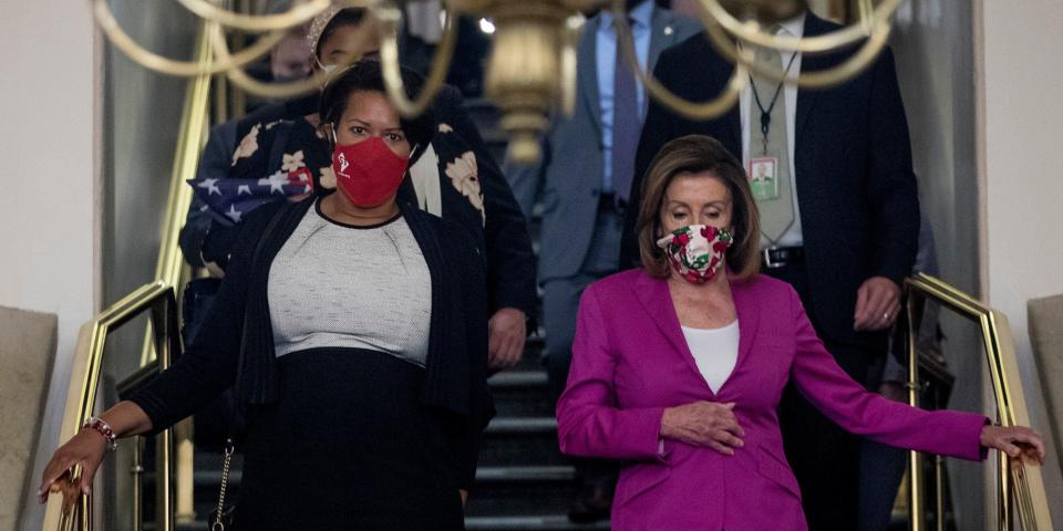 House Speaker Nancy Pelosi of Calif., right, and District of Columbia Mayor Muriel Bowser, left, arrive for a news conference on D.C. statehood on Capitol Hill, Tuesday, June 16, 2020, in Washington. (AP Photo/Andrew Harnik)