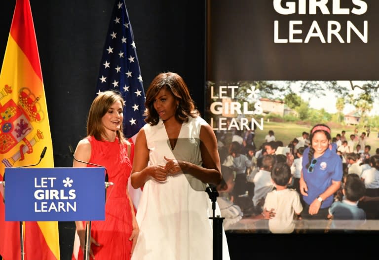 Spain's Queen Letizia (L) talks with US first lady Michelle Obama after the prensentation of the "Let Girls Learn" initiative on June 29, 2016 in Madrid