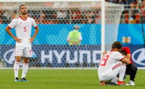 <p>Iran’s Milad Mohammadi (L) and Majid Hosseini after their 2018 FIFA World Cup Group B football match against Portugal at Mordovia Arena Stadium. The game ended in a 1:1 draw. Mikhail Japaridze/TASS (Photo by Mikhail Japaridze\TASS via Getty Images) </p>