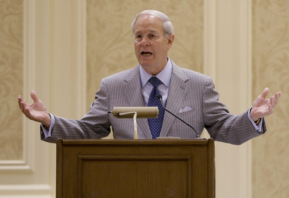 Frank Fahrenkopf, American Gaming Association president and CEO, speaks during a State of the Industry address at the Global Gaming Expo,Tuesday, Oct. 2, 2012, in Las Vegas. Fahrenkopf said overall gambling revenues are up so far this year at U.S. casinos compared with last year. (AP Photo/Julie Jacobson)