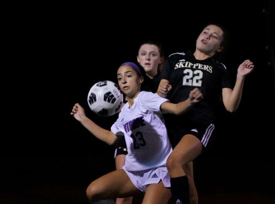 Mt. Hope's Hannah Rezendes and North Kingstown players Jacqueline Blair and Elizabeth MacKrell converge on a bouncing ball during a game earlier this season. On Tuesday night, the Skippers edged their neighbors, South Kingstown, 1-0.