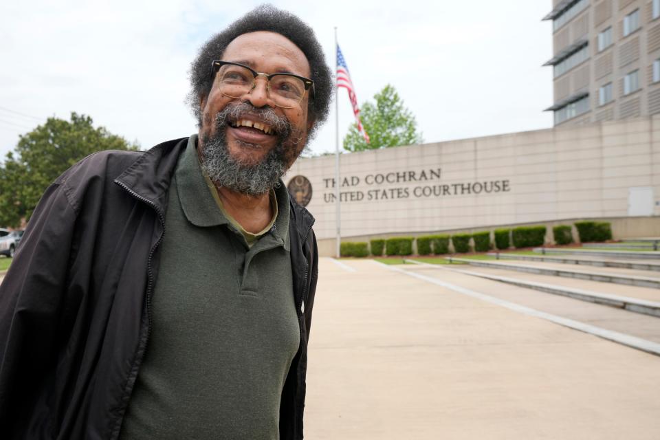 Civil rights activist and Jackson resident Frank Figgers prepares to enter the Thad Cochran U.S. Courthouse in Jackson, Miss., Monday, May 22, 2023. Figgers opposes a Mississippi law that would create a court in part of Jackson with a judge and prosecutors who would be appointed rather than elected.