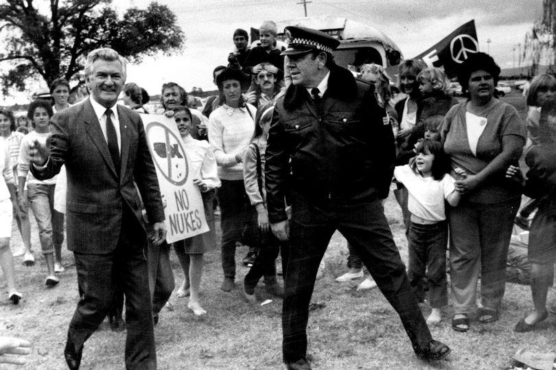 Bob Hawke pictured with actor Brian Wenzel who played Frank the cop in Country Practice