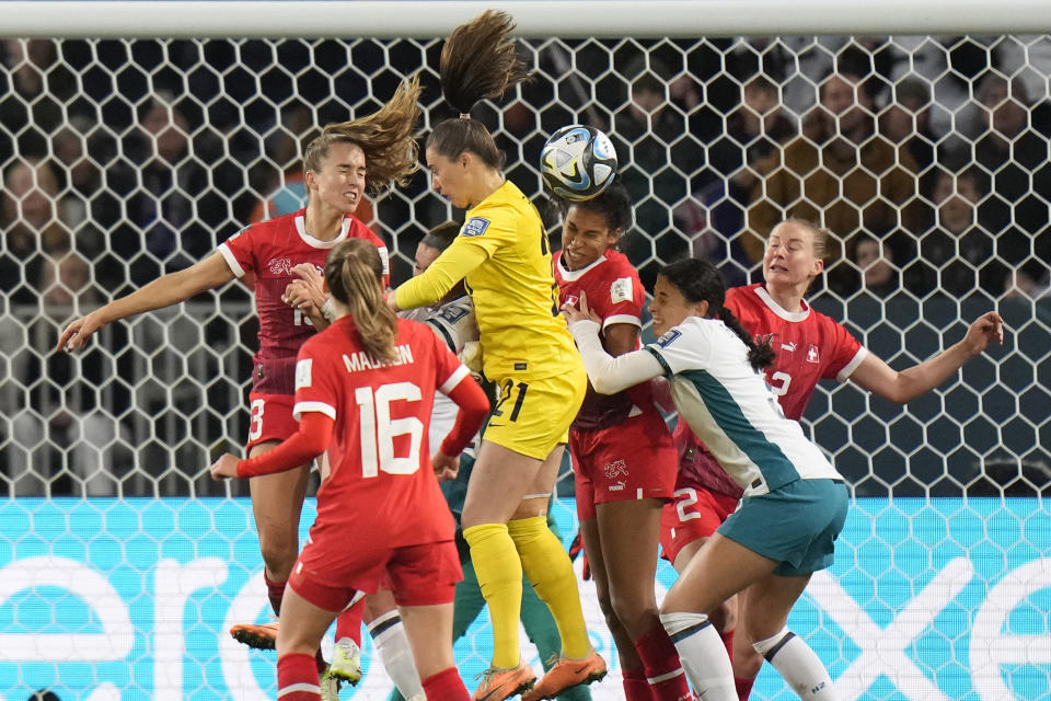New Zealand's goalkeeper Victoria Esson tries to score during the Women's World Cup Group A soccer match between New Zealand and Switzerland in Dunedin, New Zealand, Sunday, July 30, 2023. (AP Photo/Alessandra Tarantino)