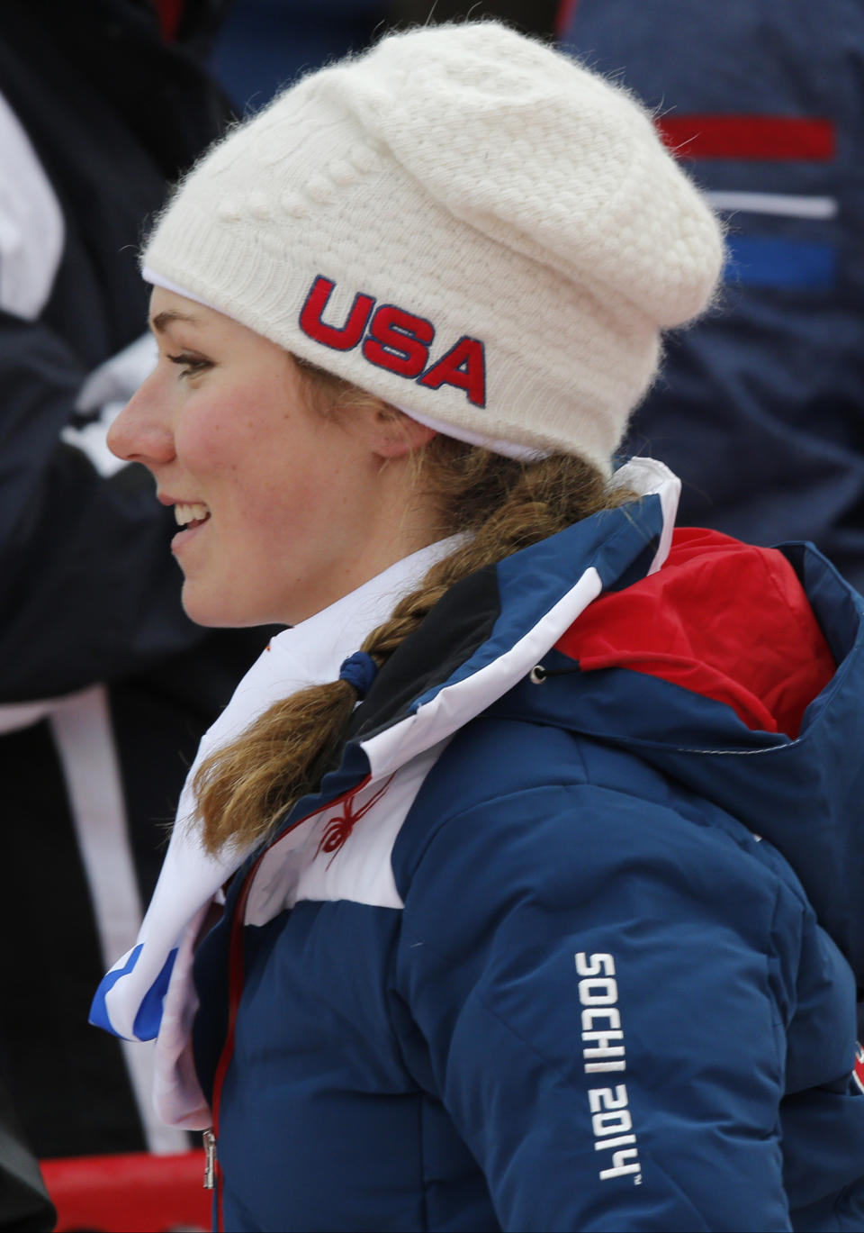 United States' Mikaela Shiffrin leaves after finishing the first run of the women's slalom at the Sochi 2014 Winter Olympics, Friday, Feb. 21, 2014, in Krasnaya Polyana, Russia.(AP Photo/Christophe Ena)