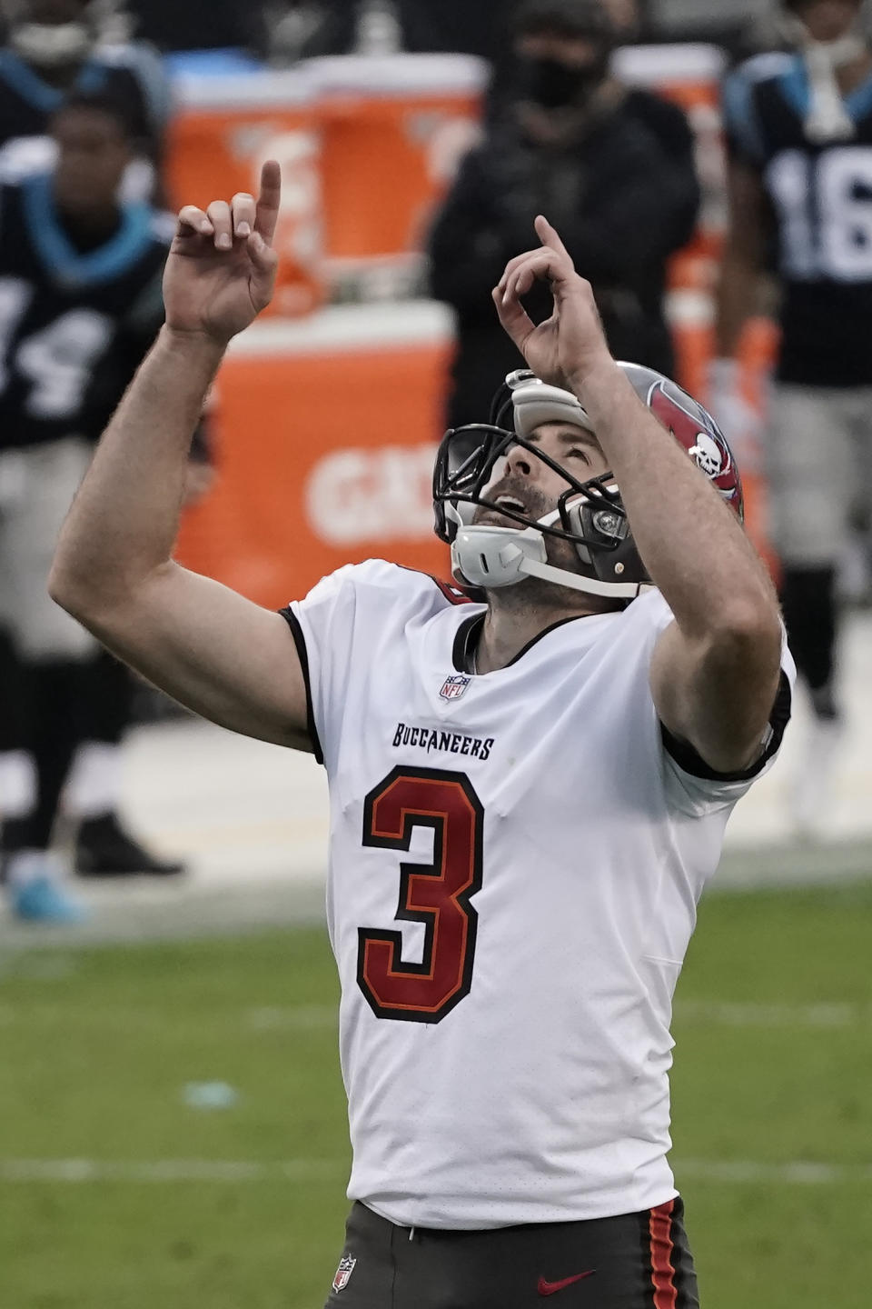 Tampa Bay Buccaneers kicker Ryan Succop (3) celebrates his field goal against the Carolina Panthers during the second half of an NFL football game, Sunday, Nov. 15, 2020, in Charlotte , N.C. (AP Photo/Gerry Broome)