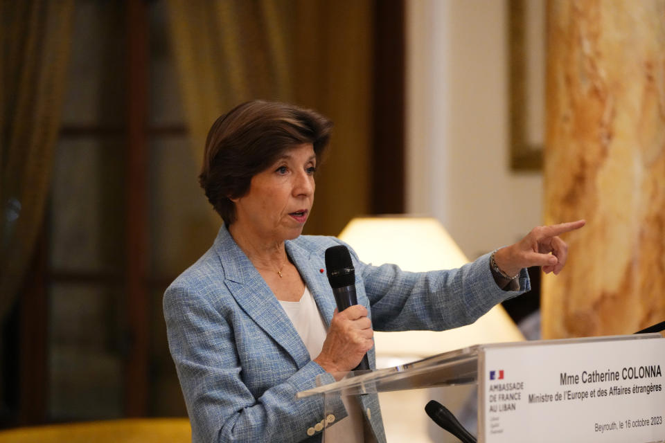 French Foreign and European Affairs Minister Catherine Colonna gestures as she speaks during a press conference at the Pine Palace, which is the residence of the French ambassador, in Beirut, Lebanon, Monday, Oct. 16, 2023. France's top diplomat Monday said the tense situation along the Lebanon-Israel border is "worrying and dangerous" and urged for restraint. (AP Photo/Hassan Ammar)