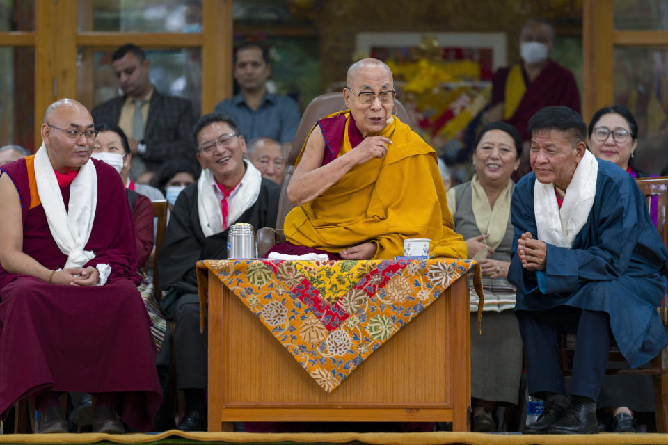 Tibetan spiritual leader the Dalai Lama presides over a function marking his 88th birthday at the Tsuglakhang temple in Dharamshala, India, Thursday, July 6, 2023. (AP Photo/Ashwini Bhatia)