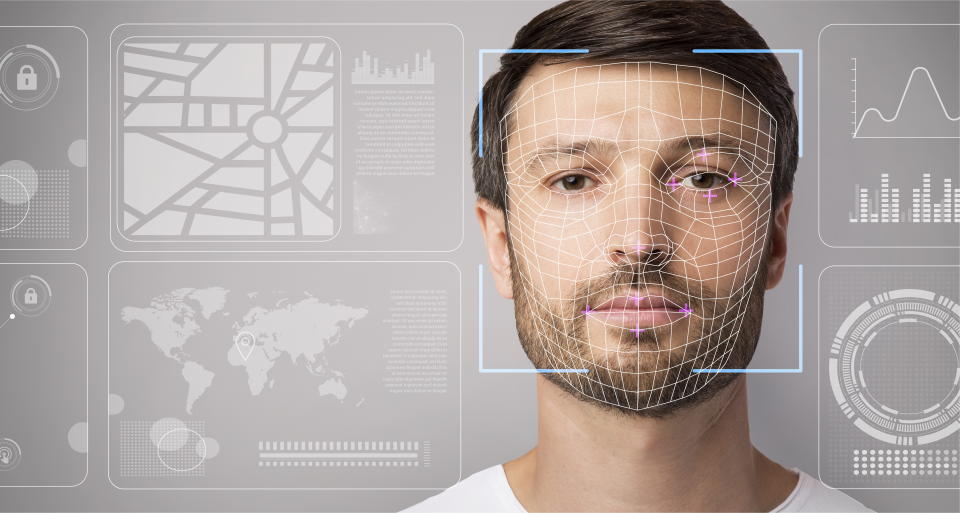 Security check concept. Scan of young guy against virtual screen with data, copy space. Panorama