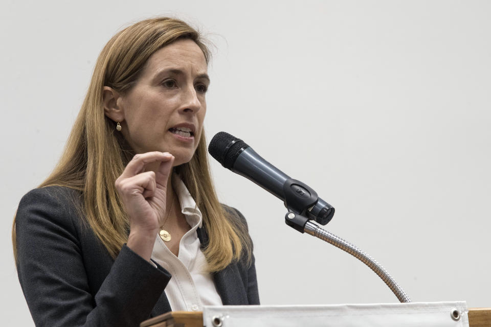 Democratic congressional candidate Mikie Sherrill speaks during a candidate forum at the UJC of MetroWest New Jersey, Tuesday, Oct. 9, 2018, in Whippany, N.J. (AP Photo/Mary Altaffer)