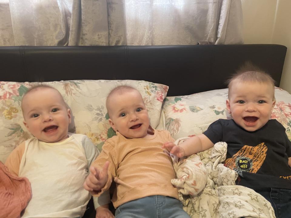 Doctors couldn't believe how 'chilled out' Bethany Harris was about taking her triplets home from hospital. (Supplied)