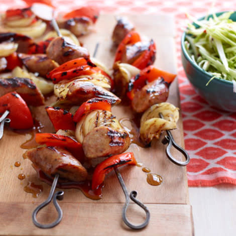 Beer Brat Skewers with Spicy Slaw