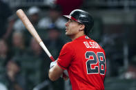 Atlanta Braves' Matt Olson watches his solo home run in the second inning of the team's baseball game against the New York Mets on Friday, Sept. 30, 2022, in Atlanta. (AP Photo/John Bazemore)