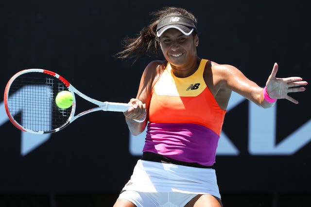 Heather Watson hits a forehand during her defeat by Tamara Zidansek