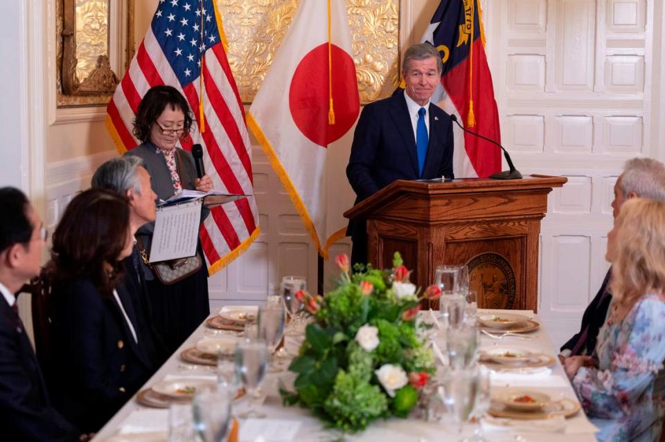 North Carolina Governor Roy Cooper addresses a luncheon in honor of Japanese Prime Minister Fumio Kishida on Friday, April 12, 2024 at the Executive Mansion in Raleigh, N.C.