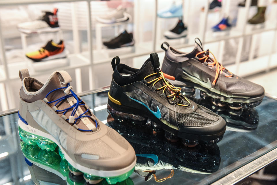 NEW YORK, NY - DECEMBER 20: Nike sneakers are seen on display at the Nike flagship store on 5th Ave. on December 20, 2019 in New York City. Revenue in the North American market, which accounts for the majority of Nikes sales, rose 5% from a year ago. The company said its Jordan brand had its first ever billion-dollar quarter. (Photo by Stephanie Keith/Getty Images)