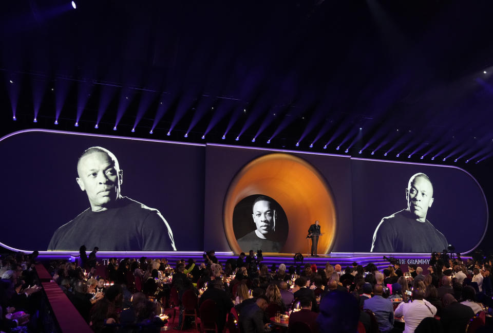 Dr. Dre accepts the dr. dre global impact award at the 65th annual Grammy Awards on Sunday, Feb. 5, 2023, in Los Angeles. (AP Photo/Chris Pizzello)