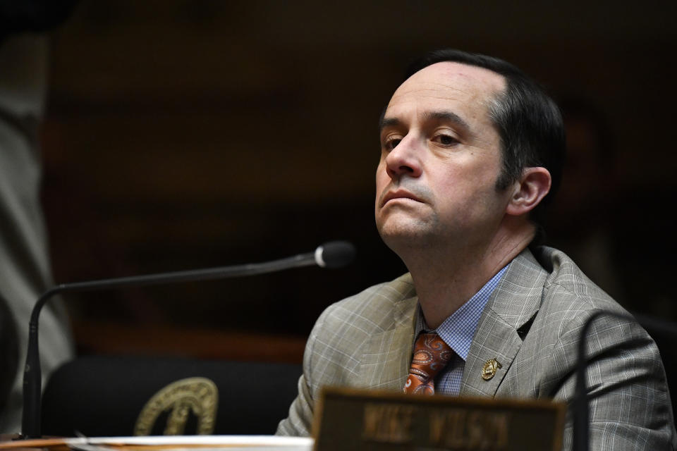 FILE - Kentucky Republican Sen. Chris McDaniel listens to the proceedings during the Senate session, Feb. 1, 2024, in Frankfort, Ky. Kentucky Senate Republicans revealed their version of the state's next two-year budget Wednesday, March 13, 2024, pumping more funding into the main K-12 school funding formula and doubling the amount of performance-based funding that goes to public universities. (AP Photo/Timothy D. Easley, File)